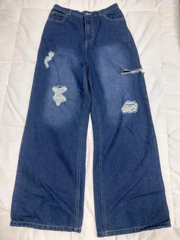 데미지 가공 인디고 와이드 레그 데님 팬츠