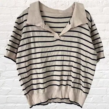 썸머 니트 반팔 스키퍼 칼라 티셔츠 보더 무늬 크롭 기장 구제 의류