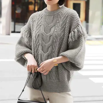 엘프 랭크 볼륨 소매 프린지 케이블 니트 풀오버 그레이