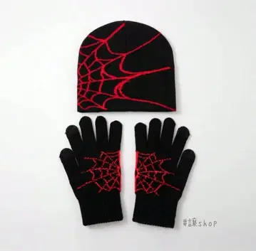 [ 새상품 ] 비니 니트 모자 장갑 세트 거미줄 스파이더 블랙 블랙