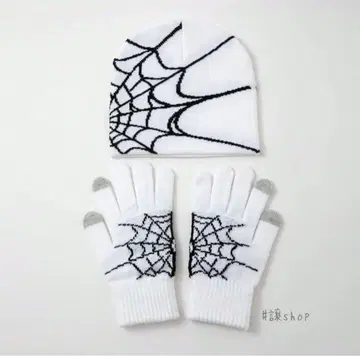 [ 새상품 ] 비니 니트 모자 장갑 세트 거미줄 스파이더 화이트