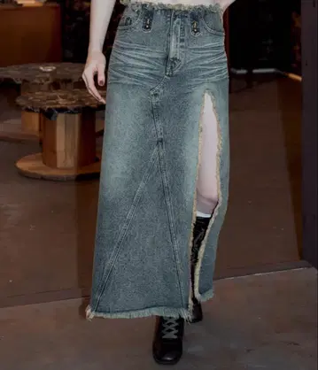 ACLENT 프론트 슬릿 데미지 데님 롱 스커트 아클렌트