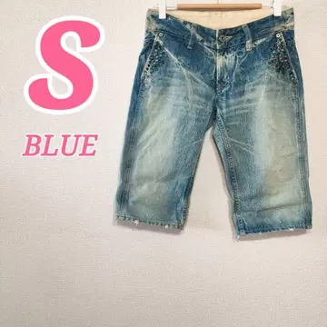 BLUE 블루 인디고 스터드 디자인 하프 데님 팬츠