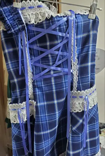 BABY 밑단 스캘럽 타탄 체크 JSK & 리본 빗 세트 블루