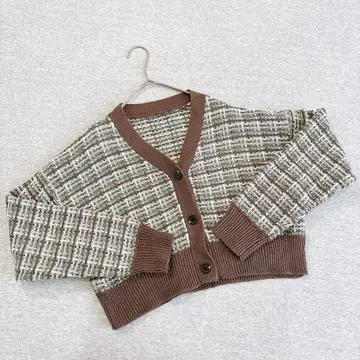 그레일 믹스 트위드 편직 V넥 숏 기장 니트 가디건 프리 브라운 그린