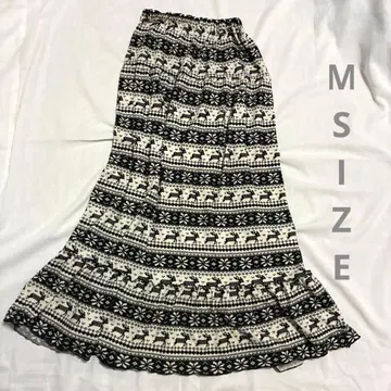 플레어 스커트 M 화이트와 블랙 패턴 프릴 있음