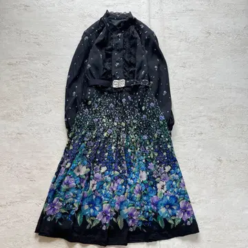 쇼와 레트로 블랙 꽃무늬 그라데이션 긴팔 원피스 전체 레이스 고급 디자인