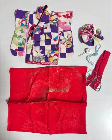 새상품 보라색 격자 토끼 수구무늬 인형 기모노 & 머리 장식 세트