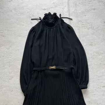 빈티지 슬림 플리츠 리본 옷깃 블랙 롱 원피스 시스루 소재 시스루