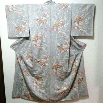 교토 코몬 순수 실크 이중 기모노 모란 부채