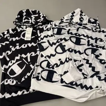 Champion 로고 프린트 후드티 M 화이트 네이비