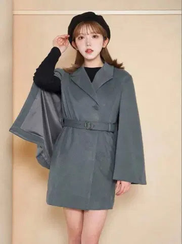 다리치 부클 케이프 원피스 자켓 다크 그린