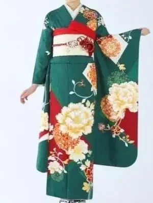 후리소데 신장 155-170cm 짙은 녹색 순수 실크