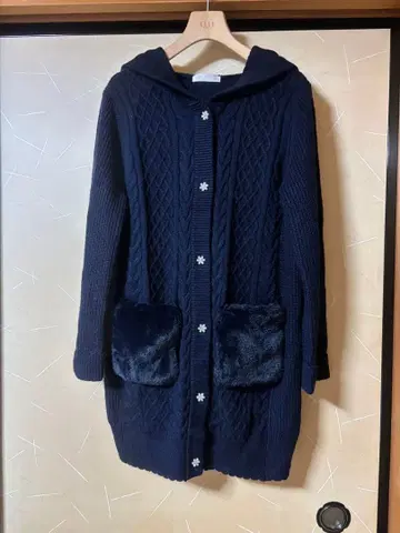 Feroux 여성용 후드 부착 케이블 짜임 롱 코트 네이비 M