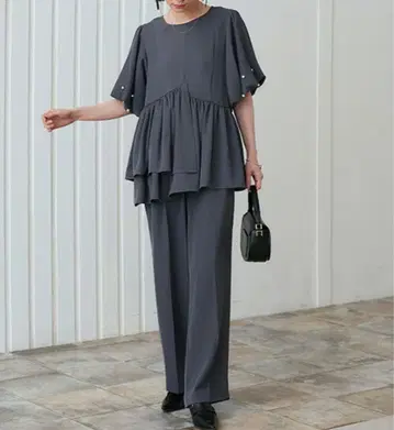 펄 벌룬 상의 & 세미 와이드 팬츠 셋업 차콜 13호