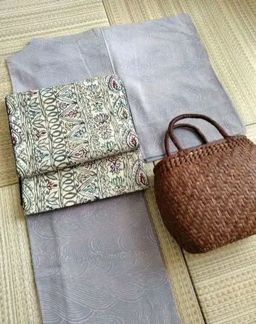 코몬 입파문 오카시조메 순수 실크 silk 핑크 그레이 kimono