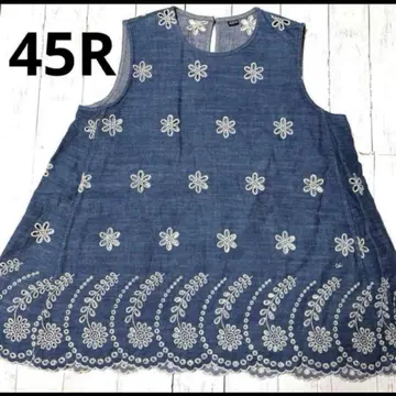 새상품급 45R 인디고 네이비 나염 컷워크 슬리브리스 자수