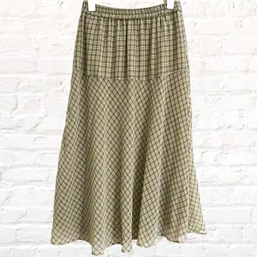 컴시즘 롱 스커트 플레어 스커트 깅엄 체크 안감 부착 카키