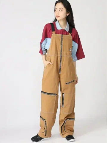 브라운 지퍼 포켓 오버롤