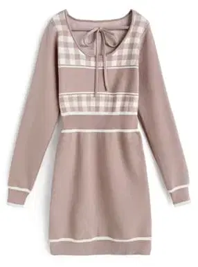 깅엄 체크 패턴 배색 라인 니트 미니 원피스