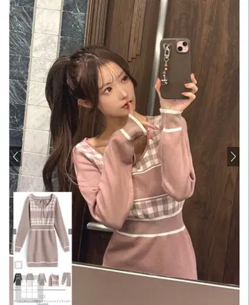 깅엄 체크 패턴 배색 라인 니트 미니 원피스