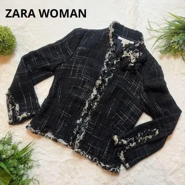 자라 우먼 노카라 자켓 블랙 트위드 체크 38 사이즈