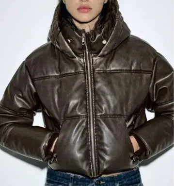 ZARA 다크 브라운 후드 부착 다운 자켓