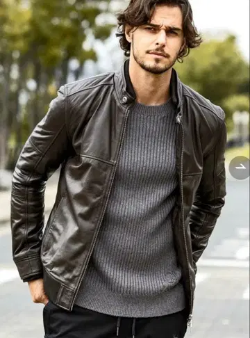 AKM Contemporary 가죽 블루종 라이더 자켓 브라운