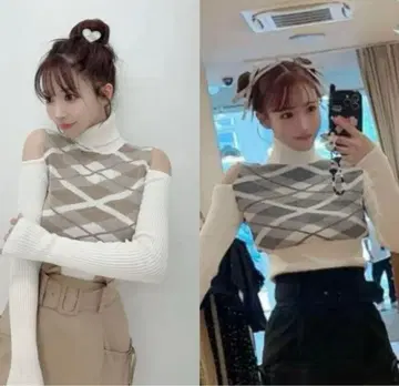 미스트레스 아가일 무늬 오프숄더 니트 스웨터