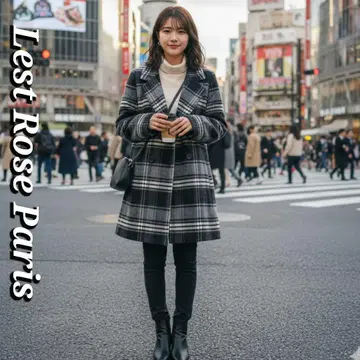 [ Lest Rose Paris ] 체크 더블 브레스트 코트 울 혼방