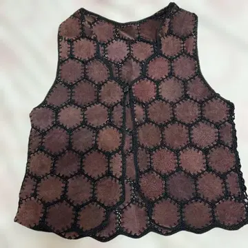 돈피 100% 육각형 패턴 브라운 슬리브리스 베스트 싸개 버튼 빈티지