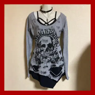 Y2K 그런지 다크코어 No Kidding? 데미지 가공 스컬 롱T