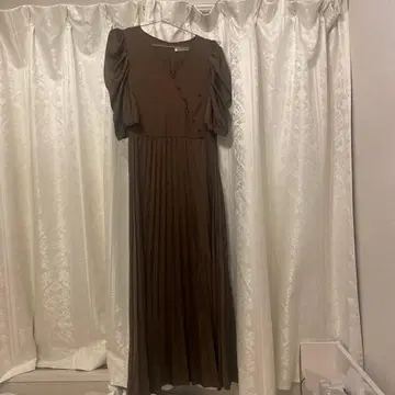 브라운 플리츠 디자인 롱 드레스