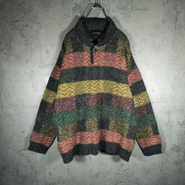 [ 이탈리아제 ] 레트로 멀티 컬러 숄카라 하프 버튼 니트 XL
