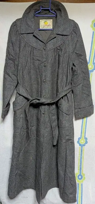 [ 쇼와 구제 레트로 후드 없음 ] 그레이 롱 코트 허리 벨트 포함