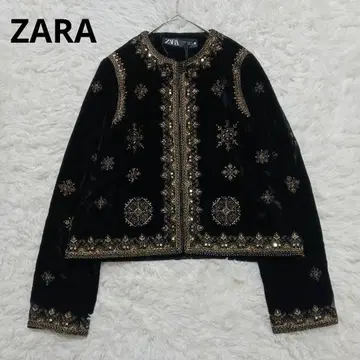 미사용 새상품 ZARA 벨로아 비즈 자수 노카라 자켓 블랙