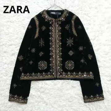미사용 새상품 ZARA 벨로아 비즈 자수 노카라 자켓 블랙