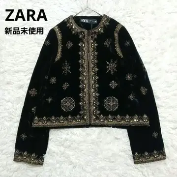 미사용 새상품 ZARA 벨로아 비즈 자수 노카라 자켓 블랙