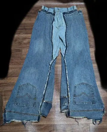 와이드 데님 Y2K 하이웨스트 크러쉬 데님 프린지 데미지