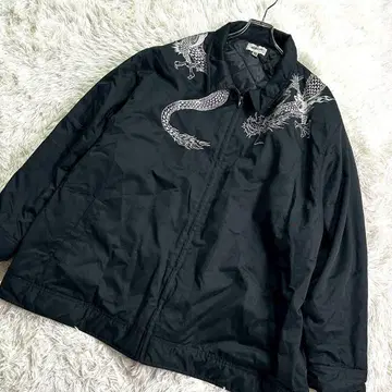 레어 6L 사이즈 카라쿠리타마시 패딩 자켓 퀼팅 자수 로고 용 블랙