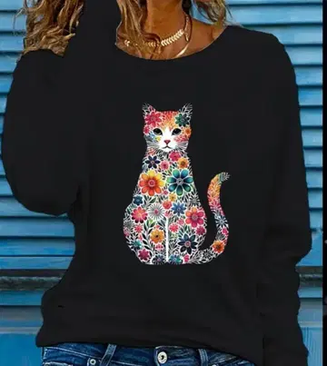 꽃무늬 고양이 프린트 블랙 긴팔 상의