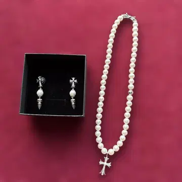 펄 비즈 크로스 참 목걸이 & 귀찌 세트