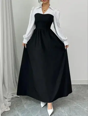 스트라이프 셔츠 칼라 블랙 맥시 드레스