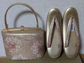 [ 미사용 ] 일본 의류용 백 조리 세트 골드 컬러 벚꽃 패턴