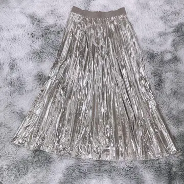 SHEIN [ M ] 플리츠 롱 스커트 실버 메탈릭 여성용