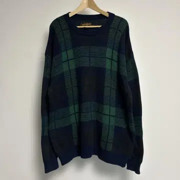 90's 에디바우어 네이비 그린 체크 니트 스웨터