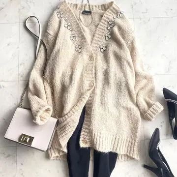 새상품급 엘르몬 쉘비쥬 디자인 모헤어 가디건 40