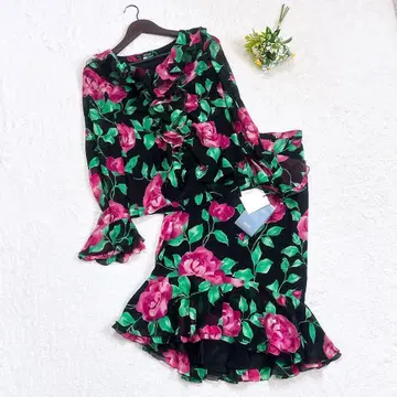 [ 새상품 ] 긴자 매기 실크 100% 꽃무늬 셋업 프릴 블랙 핑크 L