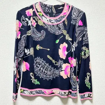 LEONARD L 꽃무늬 x 보석 패턴 롱 슬리브 티셔츠 네이비