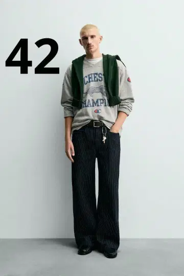 ZARA 챔피언 스트라이프 배기 핏 청바지 42